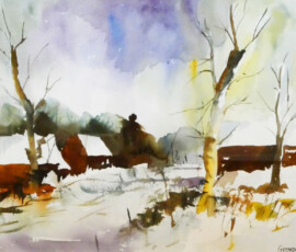 Snowy Barns, Exmoor. Geoff Teece. Watercolour. 2025