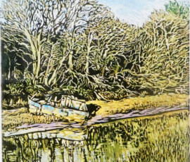 Old Boat in the Reedbed. Mandi Street. Linocut. 2025